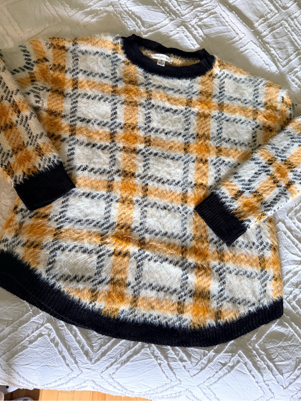 JohnPaulRichard Fuzzy Plaid Crewneck Sweater - Yellow & Black